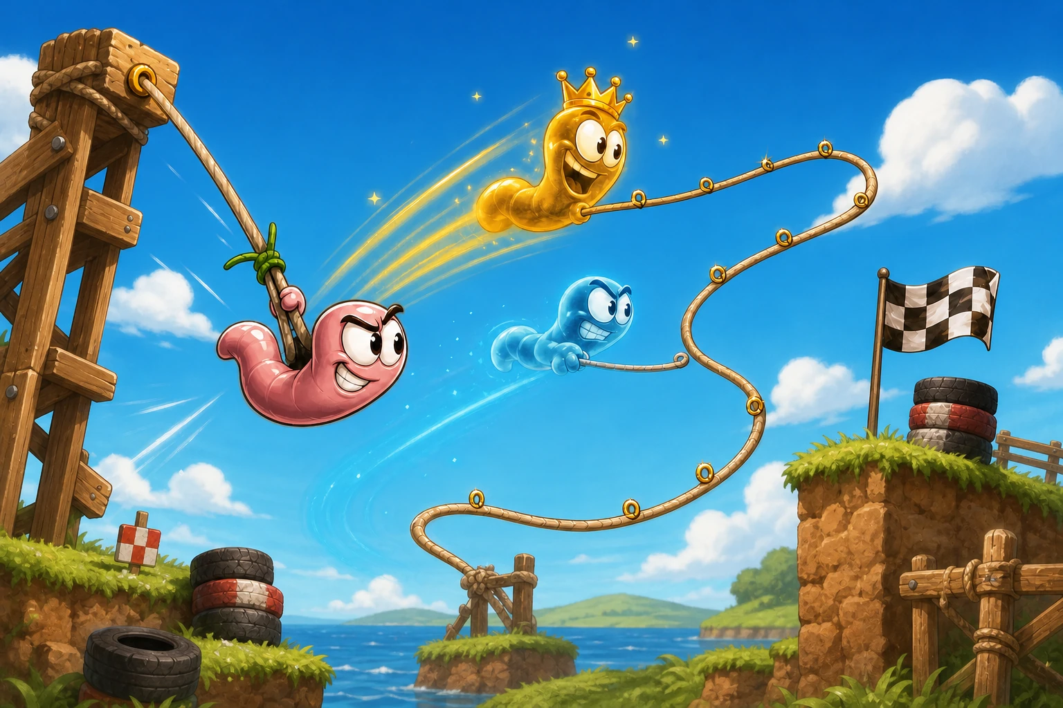 A pink worm chases the crowned gold world-record ghost and the ice-blue personal-record ghost toward a checkered finish.
