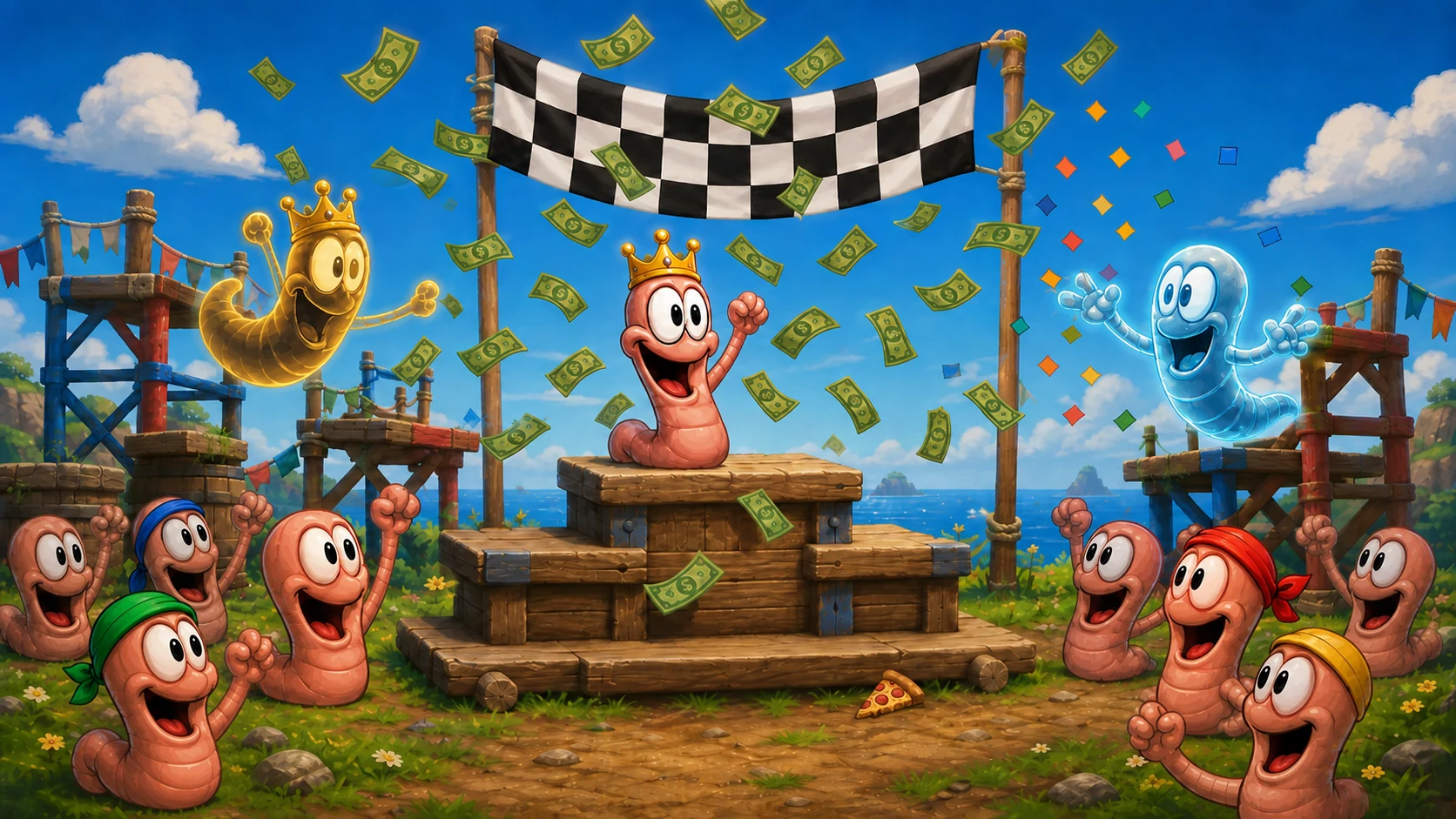 A cheerful RopeGP launch-event podium with hand-drawn worms, world-record ghosts, raining prize money and a hidden pizza-slice easter egg.