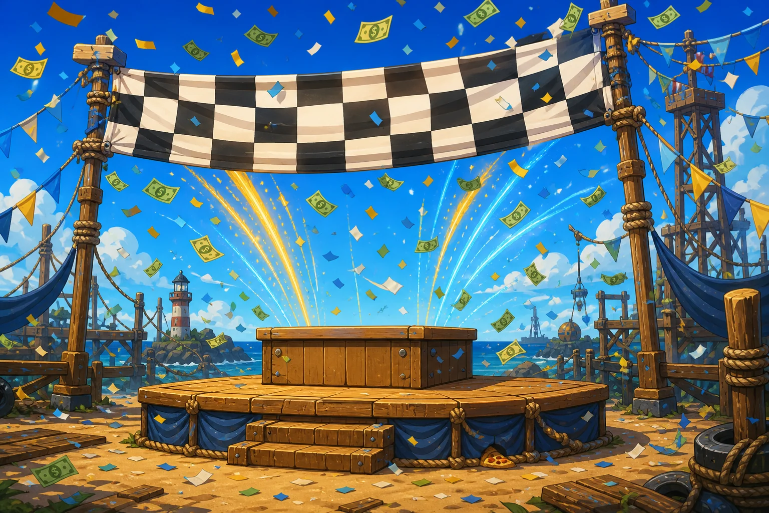 A playful checkered RopeGP arena with a cash-filled launch-event podium.