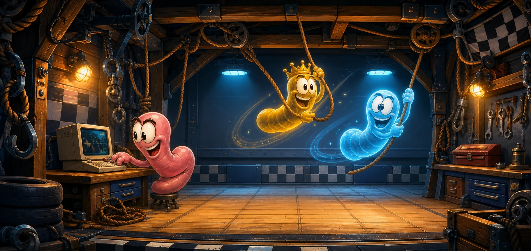 Three hand-painted RopeGP worms test the golden and icy-blue ghosts inside a playful rope-racing garage.