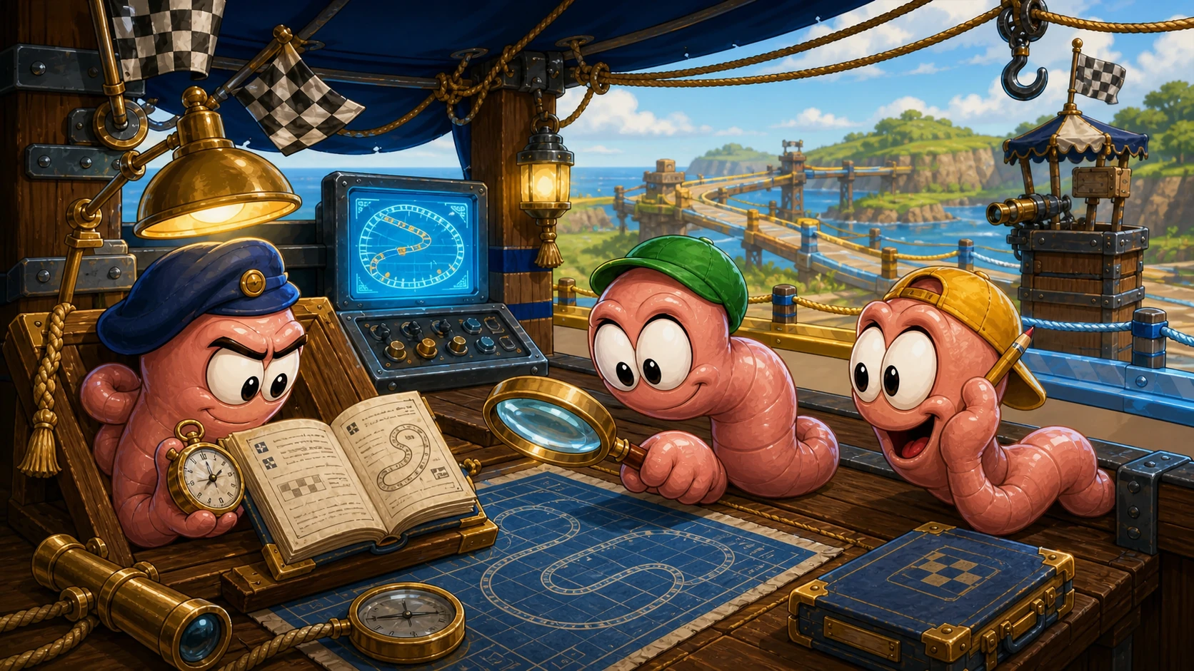 Three hand-painted RopeGP commissioners verify a replay, map and official rules from the race-control desk.