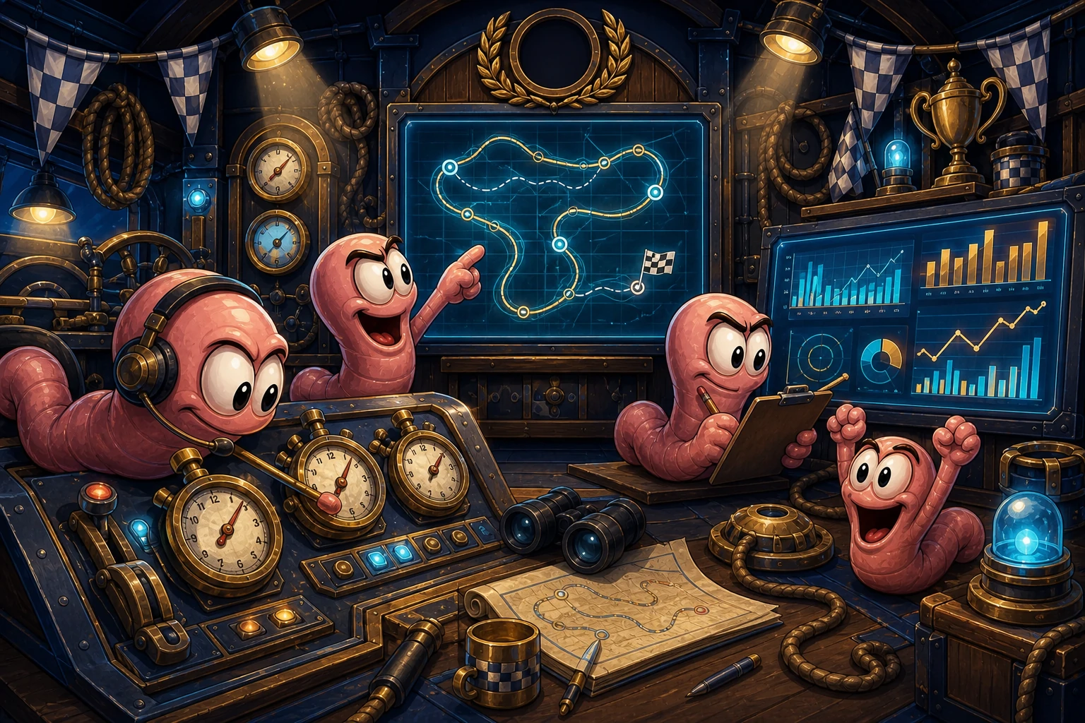 Hand-painted RopeGP analysts study race routes, stopwatches and record charts inside the timing room.